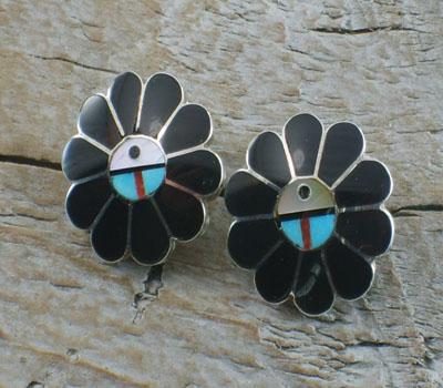 Native American Earring Zuni Jet Sunface Inlay 